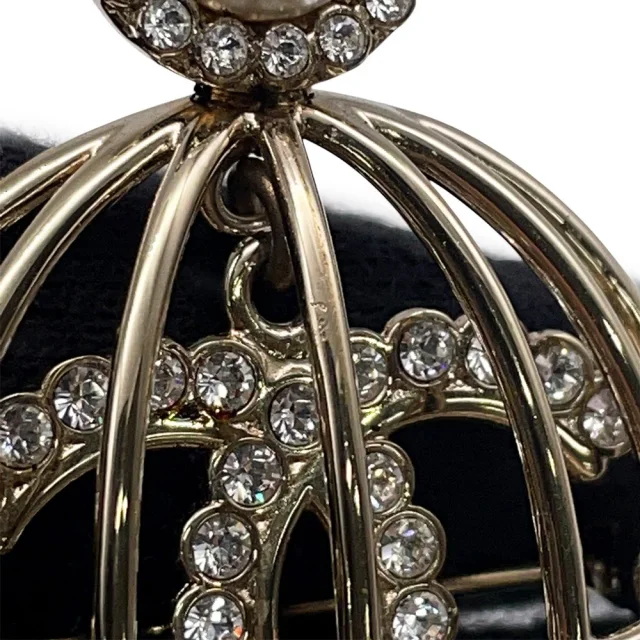 Chanel CC Logo Birdcage Motif Brooch Gold Metal Faux Pearl Rhinestone in Gold from GALLERY RARE, photo 7 of 12