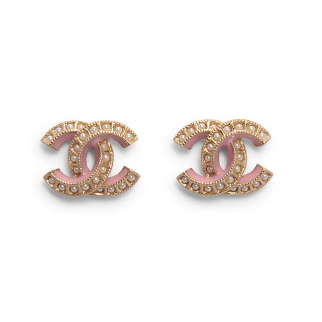 Chanel Pearl CC Stud Earrings in Pink & Gold from Blue Spinach