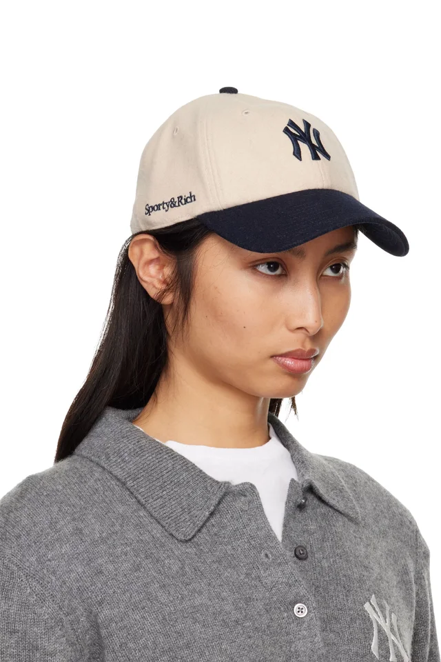 Sporty & Rich Off-White & Navy '47 Edition Yankees Serif Wool Cap, photo 2 of 3 from SSENSE