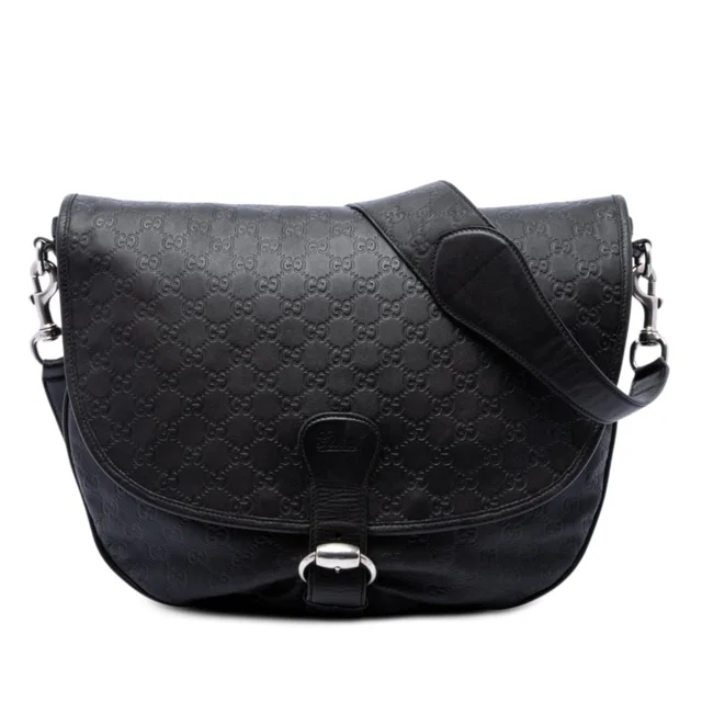 Black Gucci Guccissima Flap Messenger Bag in Black Leather from Designer Revival