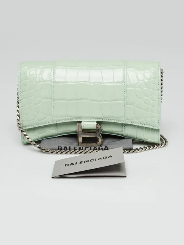 Balenciaga Light Green Croc Embossed Leather Soft Hourglass Wallet On Chain Bag in Green Crocodile from Yoogis, photo 10 of 10