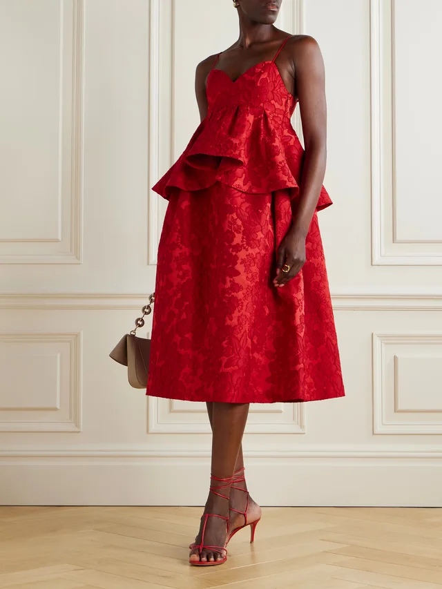 LA DOUBLEJ Satine floral-jacquard matelassé peplum midi dress in Red, photo 2 of 2 from NET-A-PORTER (Canada)