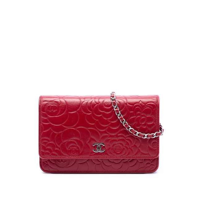 Red Chanel CC Embossed Lambskin Camellia Wallet On Chain Crossbody Bag in Red Lambskin from Designer Revival