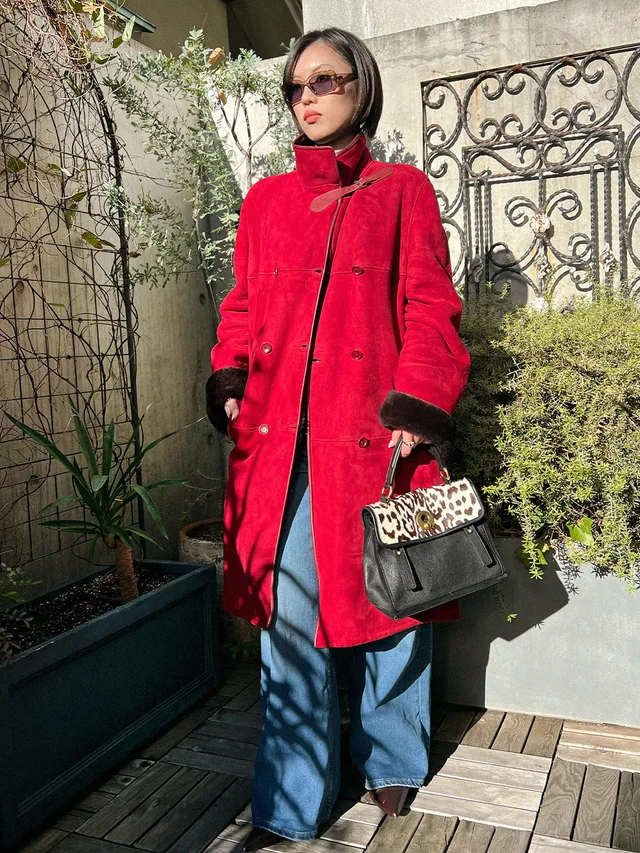 Loewe Shearling Stand Collar Coat #40 Red in Red from VINTAGE QOO TOKYO
