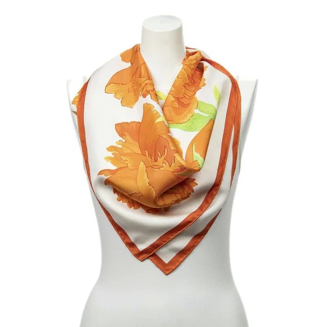 Hermès Scarf Orange Green White Twill Silk in White Silk from The Reluxe