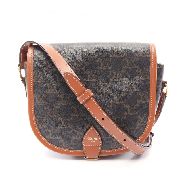 Celine Shoulder Bag Folco Triomphe Brown Black Canvas Leather in Black Canvas from The Reluxe