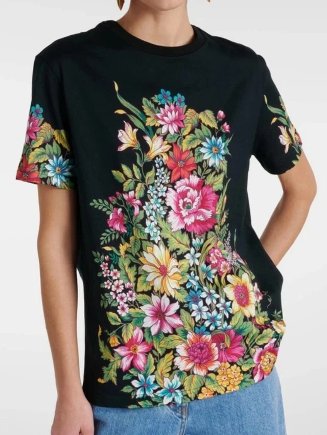 Etro Boho Bouquet Floral Print Short Sleeve Cotton Jersey T-Shirt Italy Size L in black from Poshmark
