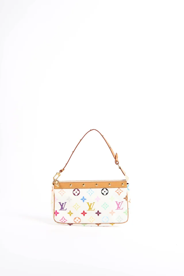 Louis Vuitton x Takashi Murakami White Multicolour Pochette Accessoires in White Suede from Break Archive
