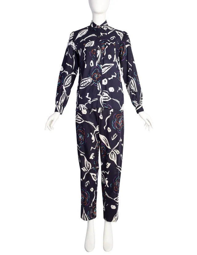 Saint Laurent Vintage SS 1980 Navy Blue Abstract Floral Cotton Shirt and Pants Ensemble in Navy from Amarcord Vintage Fashion