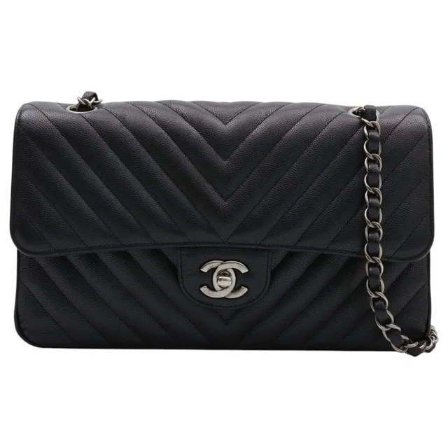 Chanel Circa 2017 Caviar Skin Chevron Stitch CC Turn-Lock Chain Bag Black in Black Caviar leather from VINTAGE QOO TOKYO