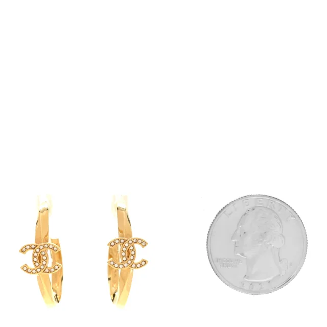 Chanel Metal Crystal Studded CC Hoop Earrings Gold in Gold from FASHIONPHILE, photo 2 of 4