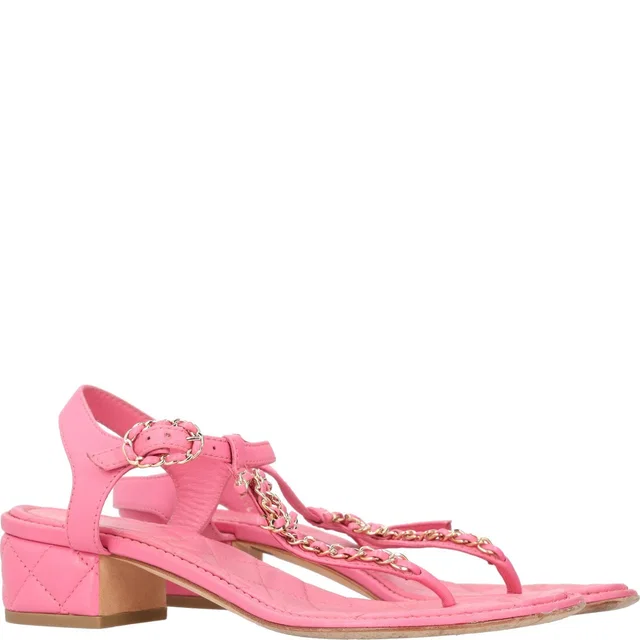 Chanel Pink Leather Quilted Block heeled Sandals in Pink Leather from HEWI