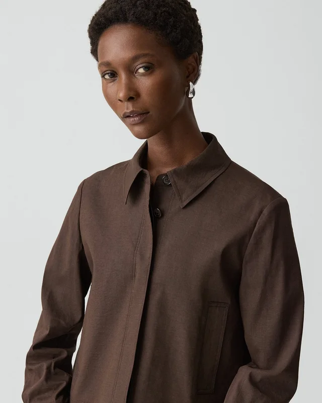 Theory Cropped Shirt Jacket in Good Linen in DARK BROWN, photo 10 of 12 from Theory