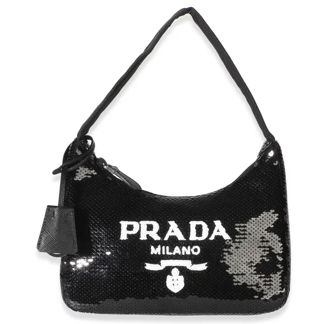 Prada Black White Paillettes Sequin Mini Re-Edition 2000 Bag in Black Nylon from myGemma