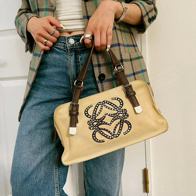 Loewe Suede Stud Anagram Handbag Light Beige/Brown in Brown Suede from VINTAGE QOO TOKYO