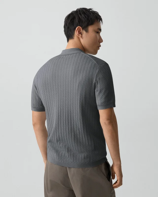 Theory Soris Cable-Knit Polo Shirt in Light Bilen in MEDIUM GREY 62% Viscose, 38% Polyester; Exclusive Of Elastic, photo 3 of 12 from Theory