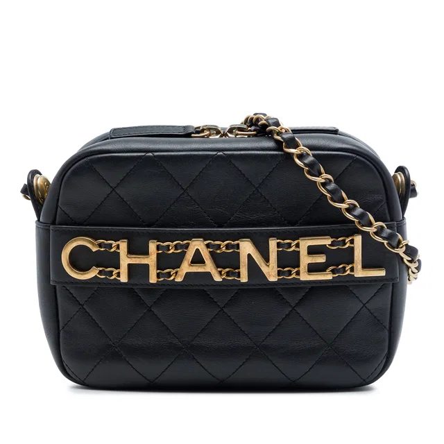 Black Chanel Quilted Calfskin Logo Enchained Camera Bag in Black Calfskin from Designer Revival