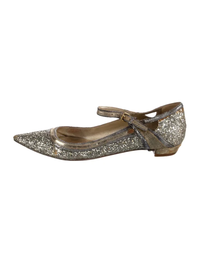 Miu Miu Glitter Patterned Mary Jane Flats in gold Leather from The RealReal