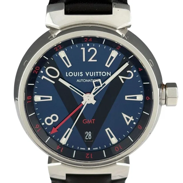 Louis Vuitton Tambour GMT Watch SS Leather Automatic Blue in Blue Leather from The Reluxe