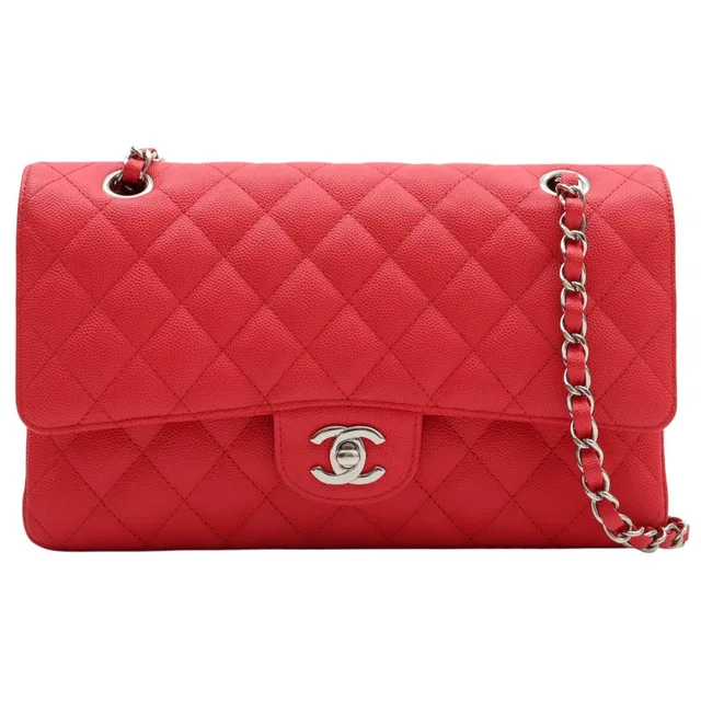 Chanel 2018-era Caviar Skin Classic Flap Chain Bag 25cm Coral Pink in Pink Caviar leather from VINTAGE QOO TOKYO