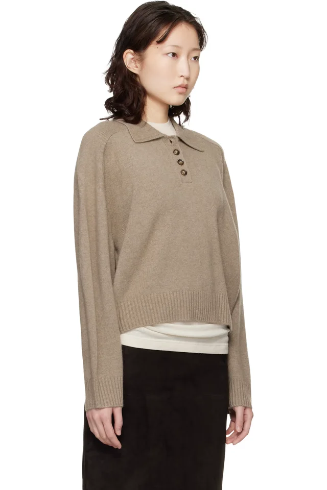 Loulou de Saison Taupe Homere LDS Cashmere Polo Sweater, photo 2 of 4 from SSENSE