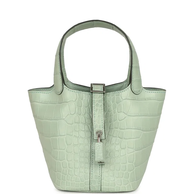 Hermès Micro Picotin Lock 14 Vert D'Eau Matte Alligator Palladium Hardware in Green Crocodile from Madison Avenue Couture