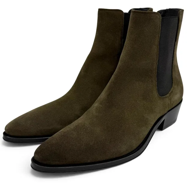 Celine Side Gore Suede Leather Chelsea Boots Short Boots Khaki 38 in Green Suede from The Reluxe
