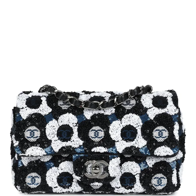 Chanel Mini Rectangular Flower Flap Bag Black, Navy, White Sequin Ruthenium Hardware in Black Leather from Madison Avenue Couture