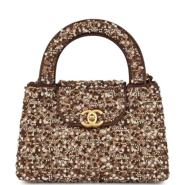 Chanel Small Beaded Kelly Brown, White Sequin, Fabric Brushed Gold Hardware in Brown Satin from Madison Avenue Couture