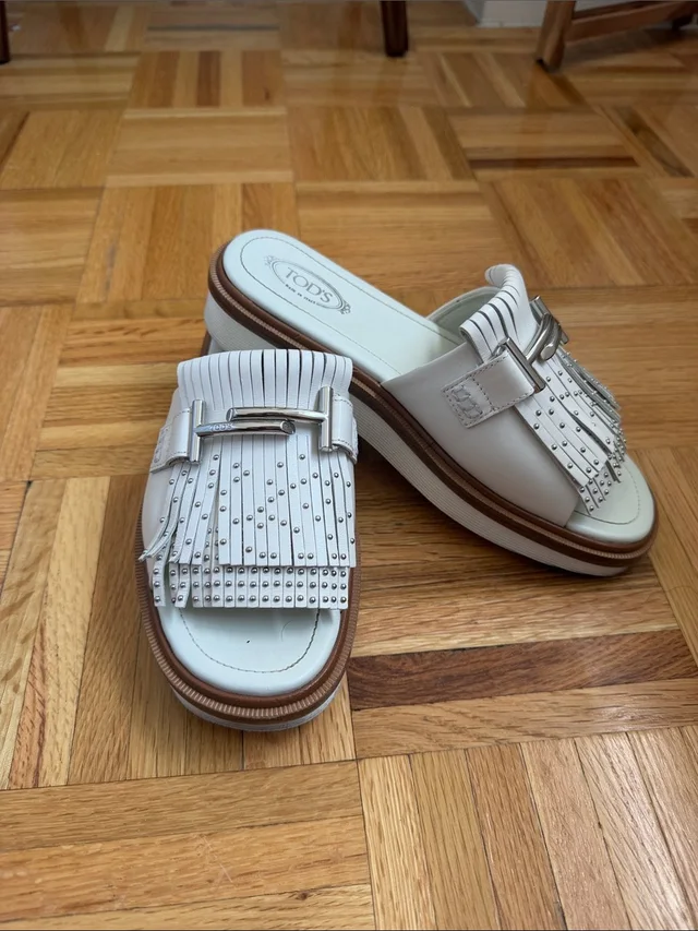 Tod's Leather Fringe Stud Slide Mules in white Leather from Poshmark