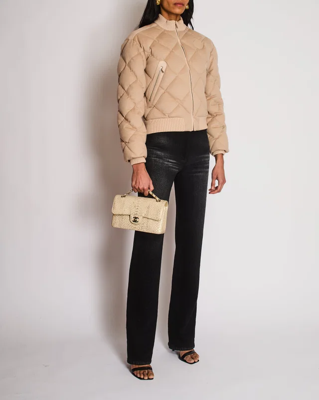 Hermès Beige Quilted Cropped Bomber Jacket with Leather Logo Detail Size FR 34 (UK 6) in Beige Leather from Sellier