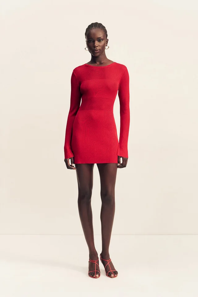Shona Joy ROHE SHEER KNIT LONG SLEEVE MINI DRESS - CHERRY from Shona Joy, photo 1 of 1