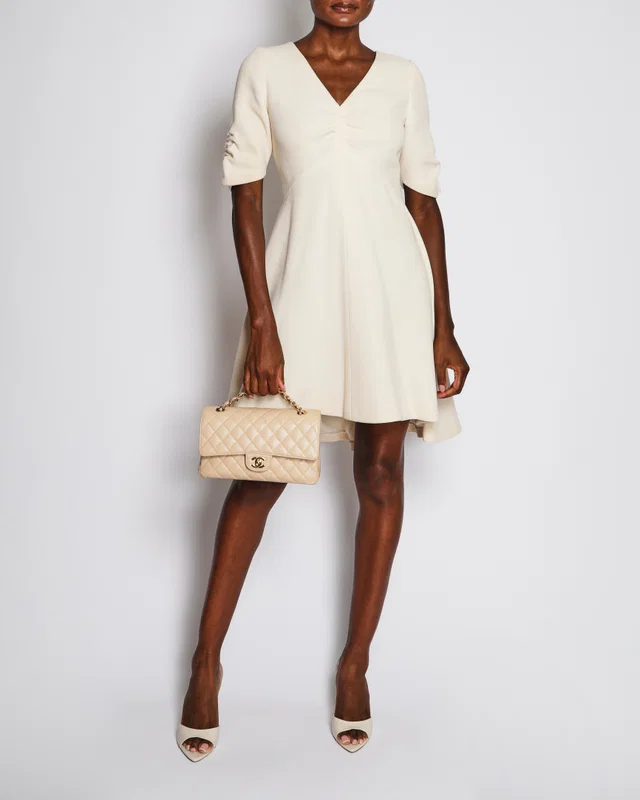 Dior White Short Sleeve Midi Dress with Rouged Detail Size FR 40 (UK 12) in White Silk from Sellier