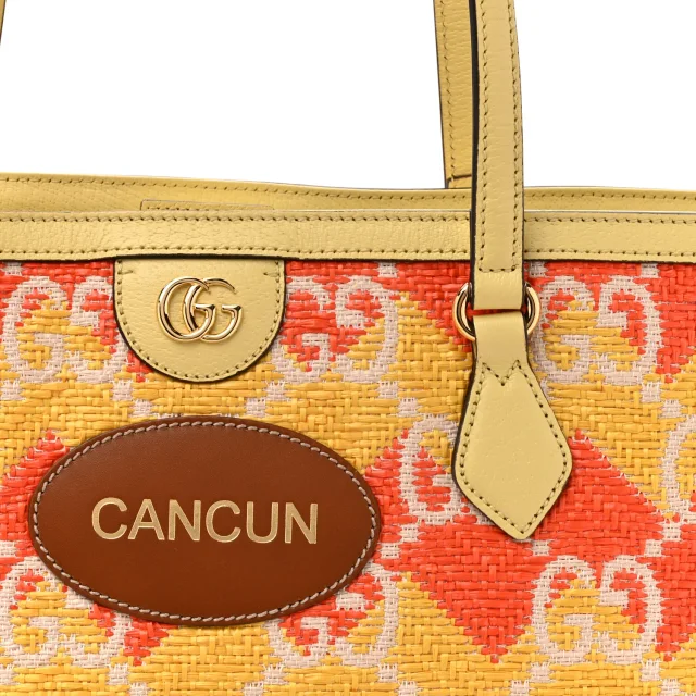Gucci Straw Textured Dollar Calfskin Cancun Medium Ophidia Shopping Tote Orange Yellow in Orange Calfskin from FASHIONPHILE, photo 8 of 11