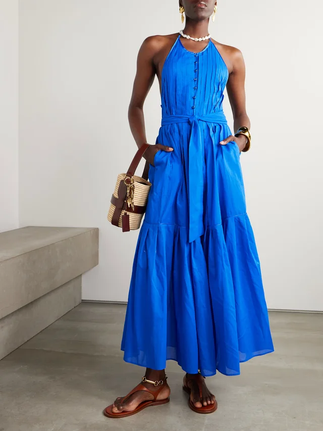 LORETTA CAPONI Patmos belted tiered cotton-poplin halterneck maxi dress in Blue, photo 2 of 2 from NET-A-PORTER (Canada)