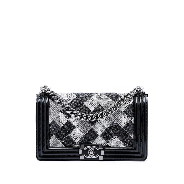 Black Chanel Old Medium Sequin And Patent Boy Flap Shoulder Bag in Black Patent leather from Designer Revival
