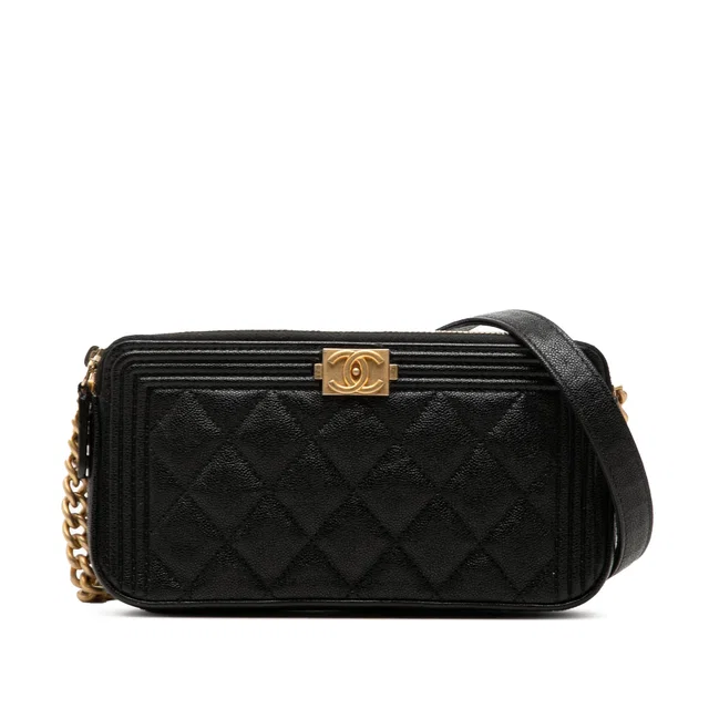 Black Chanel Quilted Caviar Boy Double Zip Wallet On Chain Crossbody Bag in Black Caviar leather from Designer Revival