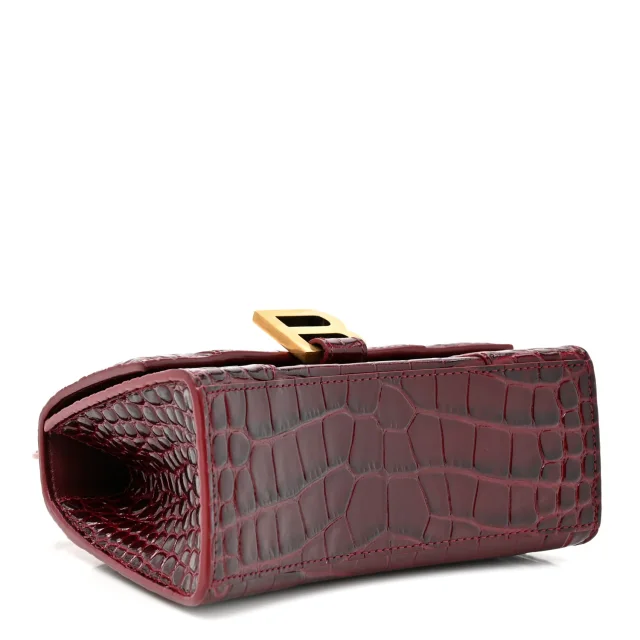 Balenciaga Shiny Calfskin Crocodile Embossed Hourglass Top Handle Bag XS Dark Red in Red Calfskin from FASHIONPHILE, photo 4 of 12