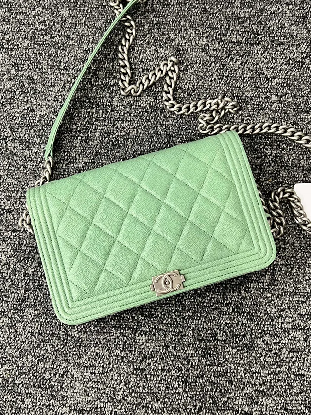 Boy Chanel Chain Wallet Caviar Mint Green Small Pressed Mark in Green Caviar leather from Luxury Promise