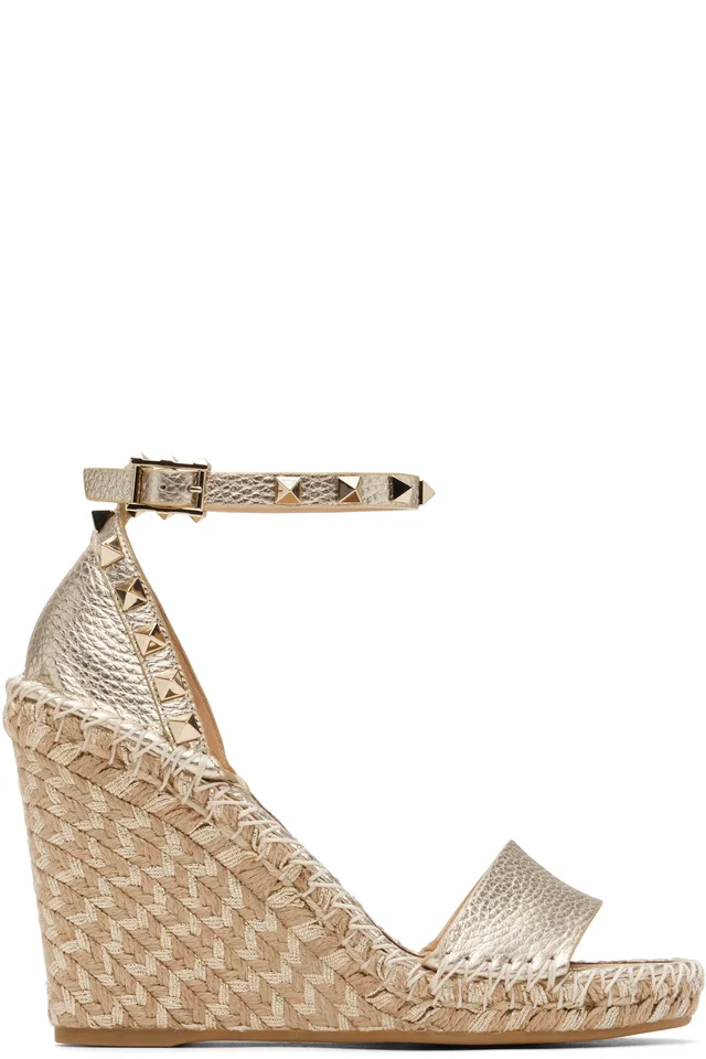 Valentino Garavani Silver Double Rockstud Grainy Calfskin Wedge Sandals from SSENSE, photo 1 of 1