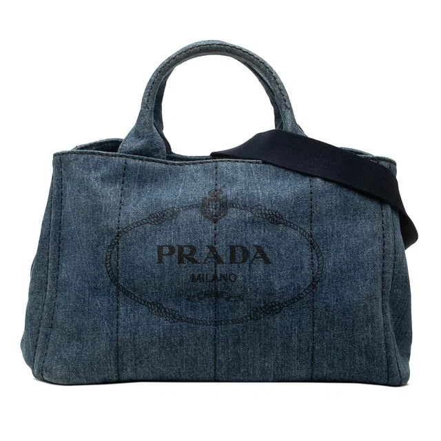 Blue Prada Denim Canapa Logo Tote Satchel in Blue Denim from Designer Revival