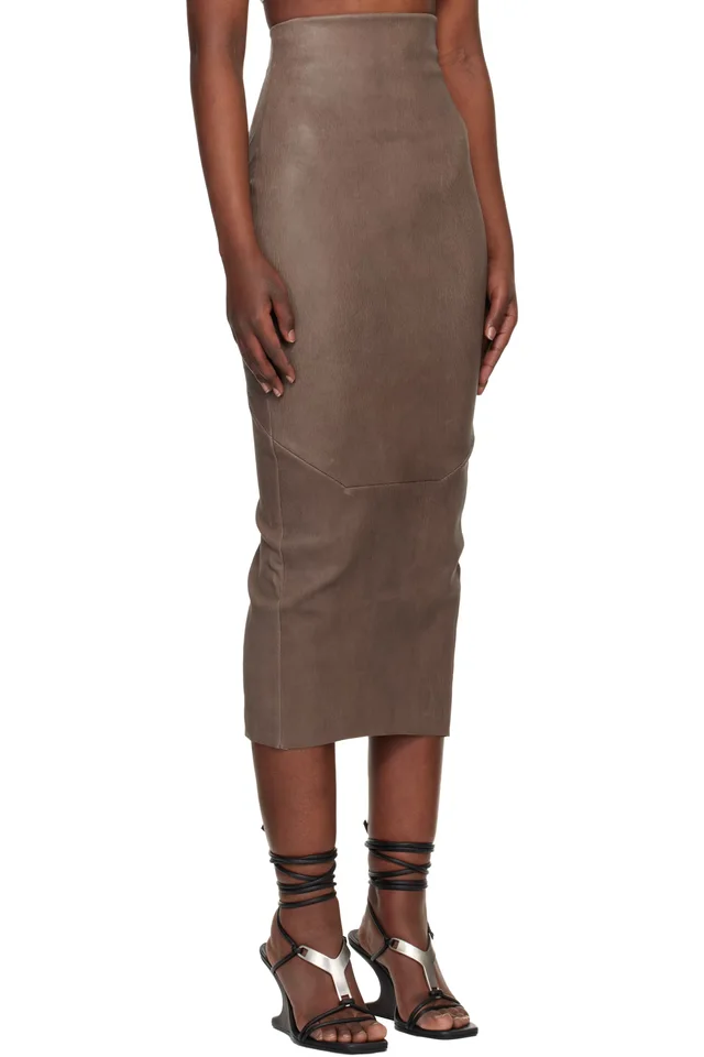 Rick Owens Gray Temple Dirt Pilla Leather Midi Skirt, photo 2 of 4 from SSENSE