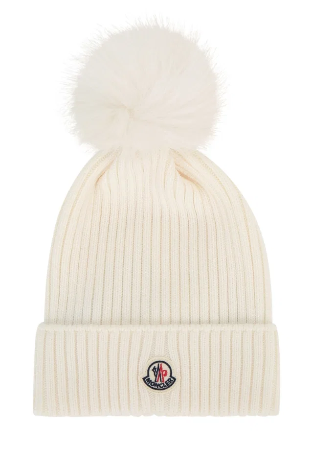 Moncler Hat Ribbed Knit With Fur Pom Beanie — Cream Mixed Fibres Beanies in White from HEWI