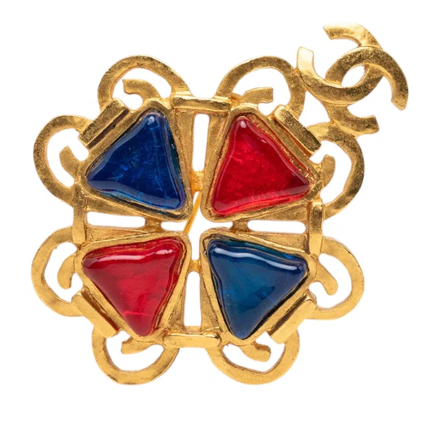 Gold Chanel CC Gold Plated Multicolor Gripoix Brooch in Gold from Designer Revival