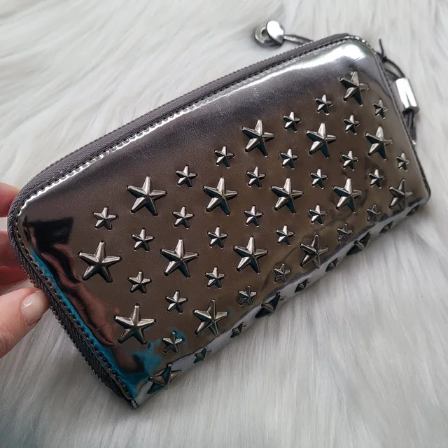 Jimmy Choo Filipa Star Studded Metallic Zip-Around Long Wallet in gray|silver Leather from Poshmark
