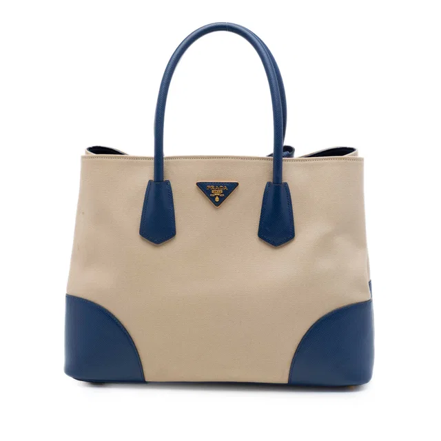 Beige Prada Large Canapa and Saffiano Double Satchel in Beige Saffiano leather from Designer Revival