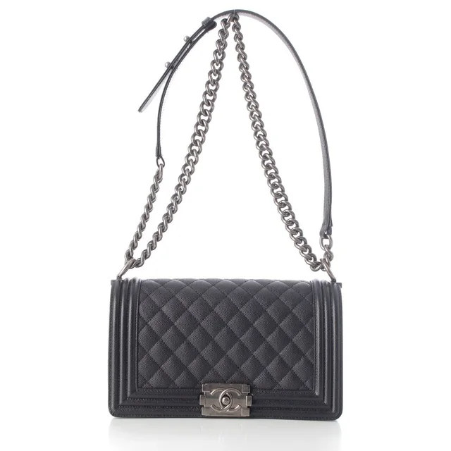 Chanel Boy Caviar Leather Chain Random Plate Shoulder Bag Black 25 in Black Caviar leather from The Reluxe