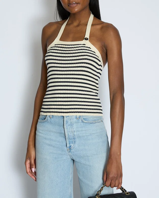 Dior Ecru & Navy Striped Knit Halter Neck Top With Button Detail Size FR 36 (UK 8) in Navy from Sellier