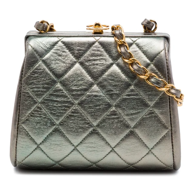 Silver Chanel Mini CC Quilted Metallic Lambskin Frame Crossbody in Silver Lambskin from Designer Revival