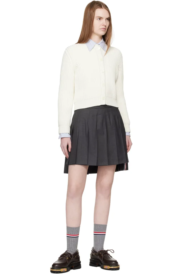 Thom Browne White Full Stitch Cropped Crew Neck Cardigan, photo 5 of 5 from SSENSE